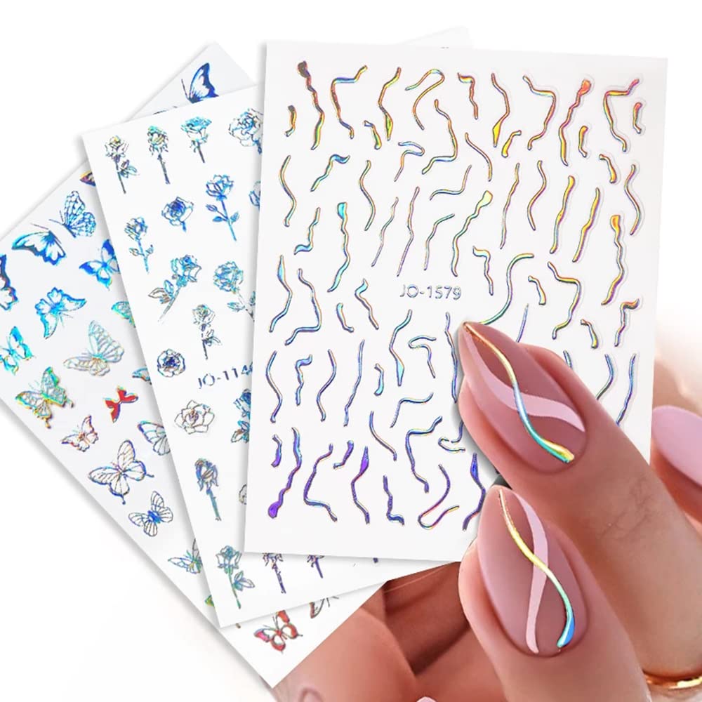 8 Sheets Aurora Silver Heart Nail Decals 3D Self Adhesive Design Star Stickers Holographic Butterfly Flame Nail Stickers for Women Girls DIY Manicure Tips Decoration