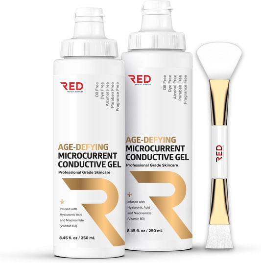 Age-Defying Microcurrent Conductive Gel with Hyaluronic Acid & Niacinamide (Vitamine B3), 8.45 fl oz - Long-Lasting, Non-Greasy, Hypoallergenic - 2 Bottles + Applicator, 8.45 fl oz / 250mL