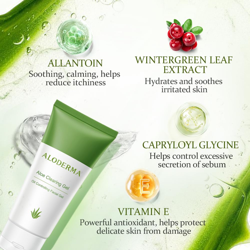 Aloderma Aloe Clearing Gel for Clear Complexion with 90% Organic AloeVera - Moisturizing, Oil Controlling Facial Lotion with Allantoin, Wintergreen Extract - Soothing, Calming Aloe Gel, 3btl x 2.8oz