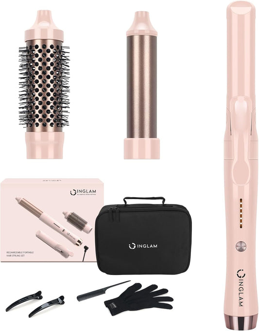 IG INGLAM 3 in 1 Cordless Detachable Hair Styling Set with 1'' Flat Iron, 1.25" Curling Wand, 1.5" Thermal Brush, Rechargeable Portable for Travel, Gift for Women