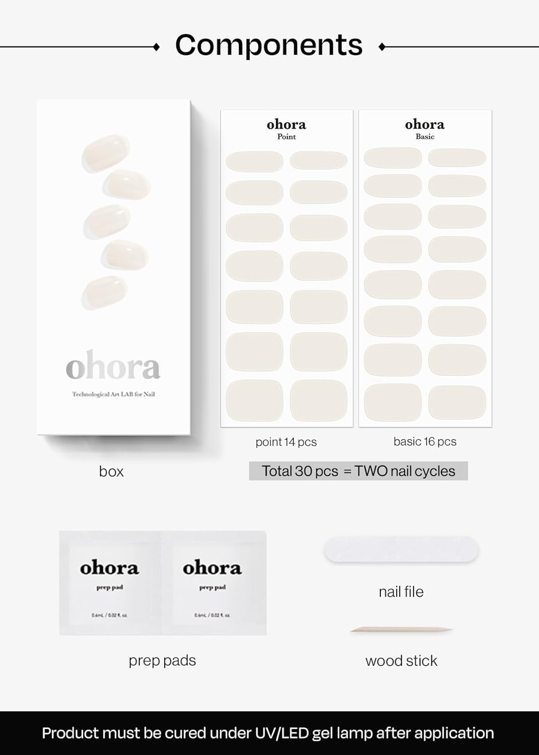 ohora Semi Cured Gel Nail Strips (N Cream Cotton) - White, Solid, Works with Any UV/LED Lamps, Salon-Quality, Long Lasting, Easy to Apply & Remove - Includes 2 Prep Pads, Nail File & Wooden Stick
