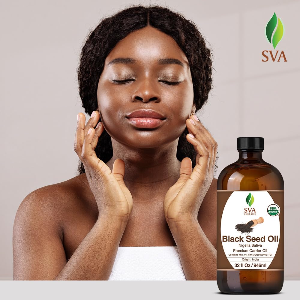 SVA Black Seed Oil Organic - 32 Fl Oz – 100% Natural Cold Pressed Organic Black Seed Oil - for Face, Skin Care, Hair Care, Scalp Massage & Body Massage – Carrier Oil