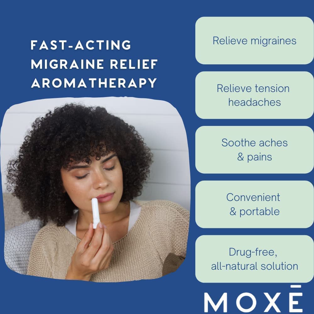 MOXE Migraine Relief Nasal Inhaler, Essential Oils for Headaches & Tension Relief, Portable Aromatherapy, Easy-to-Use, Pure & Undiluted, Peppermint, Spearmint, Eucalyptus, Tea Tree, USA Made, 1 Pack