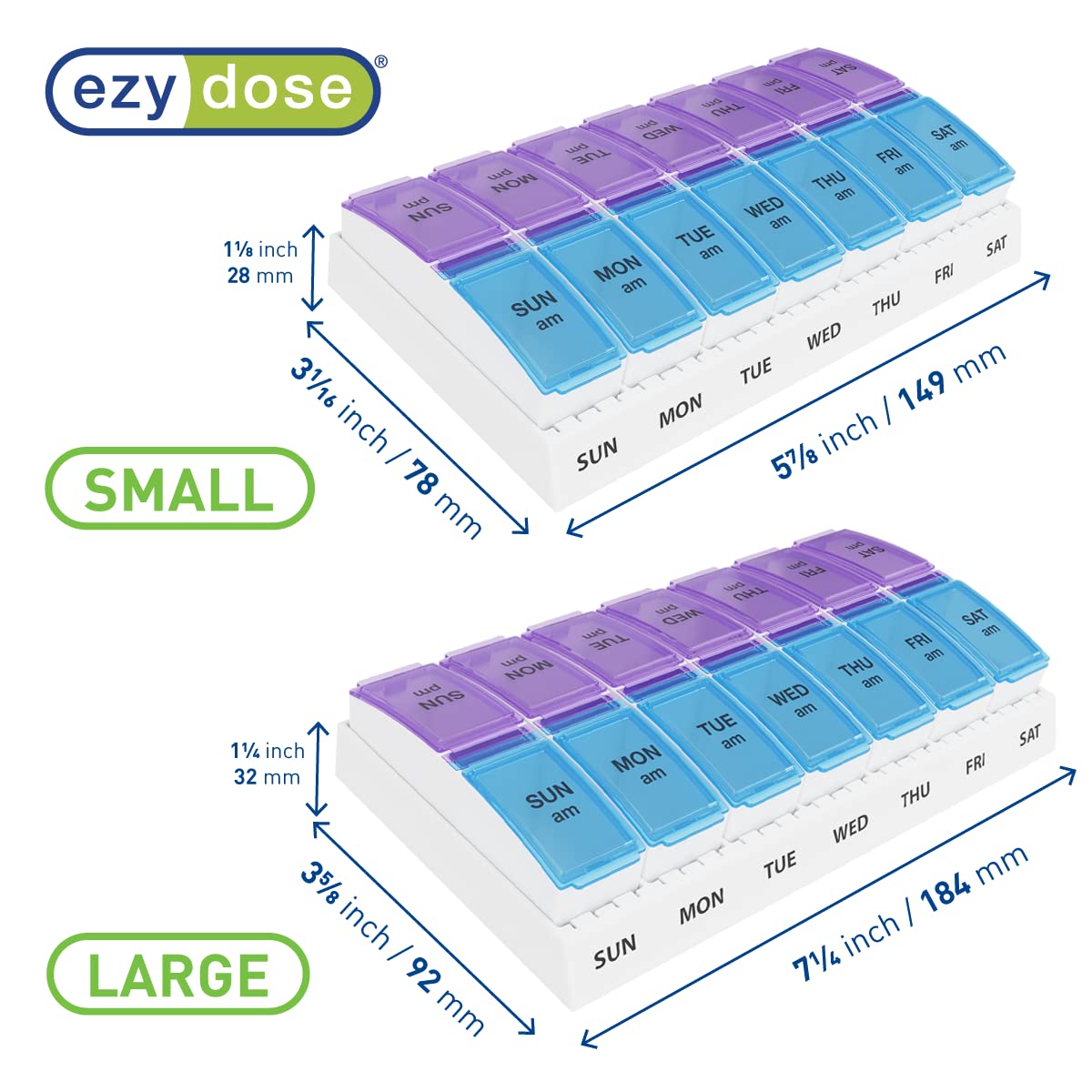 EZY DOSE Weekly (7-Day) AM/PM Pill Organizer, Vitamin and Medicine Box, Large Pop-out Compartments, 2 Times a Day, Blue and Purple Lids