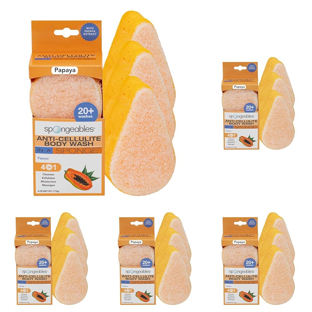 Spongeables Anti Cellulite Body Wash in a 20+ Wash Sponge, Papaya, 3 Count (Pack of 5)