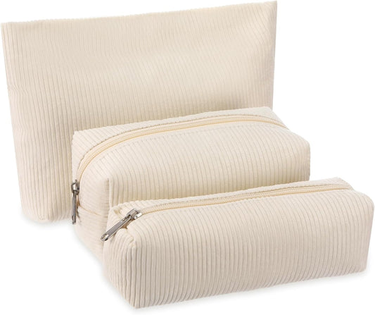 3 Pcs Makeup Bag Set for Women Corduroy Cosmetic Pouch Aesthetic Smile Travel Toiletry Bag Cute Purse Pouch Pencil Case Makeup Brushes Storage Organizer for Christmas(White,Solid Style)