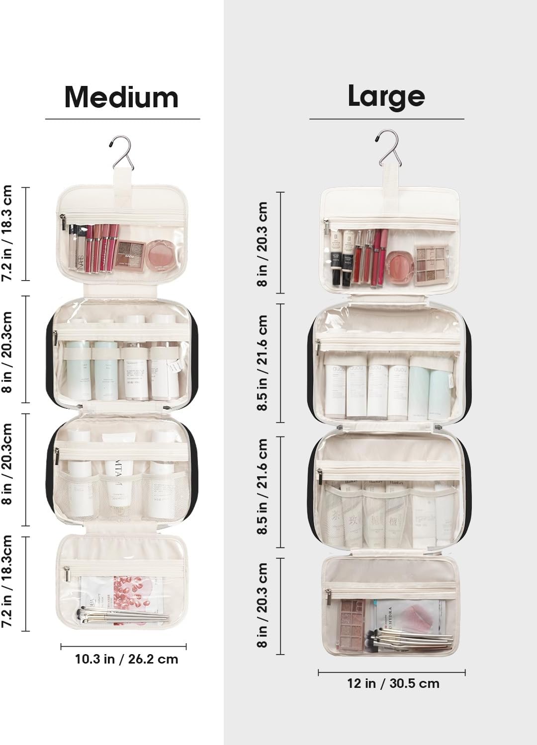 Narwey Hanging Toiletry Bag for Women Travel Makeup Bag Organizer Toiletries Bag for Travel Size Essentials Accessories Cosmetics (Black (Medium))