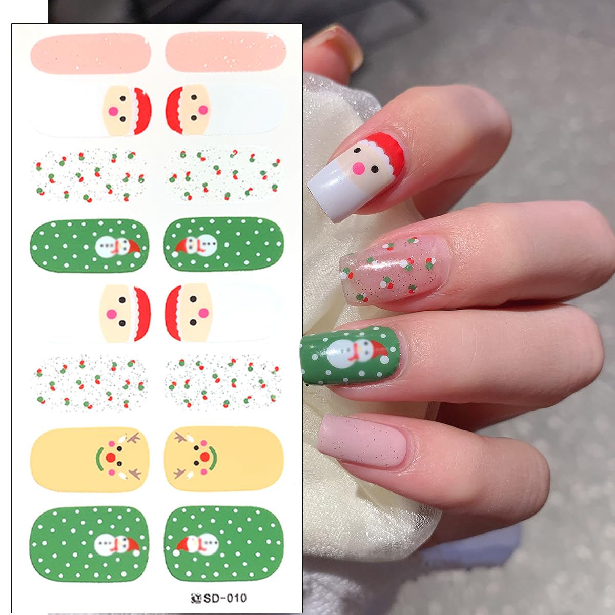 6Sheets Winter Gel Nail Stickers Christmas Full Wrap Gel Nail Strips Glitter Xmas Trees Reindeer Snowmen Nail Polish Stickers Cute Santa Claus French Gel Nail Decals Christmas Stickers for Nail Art
