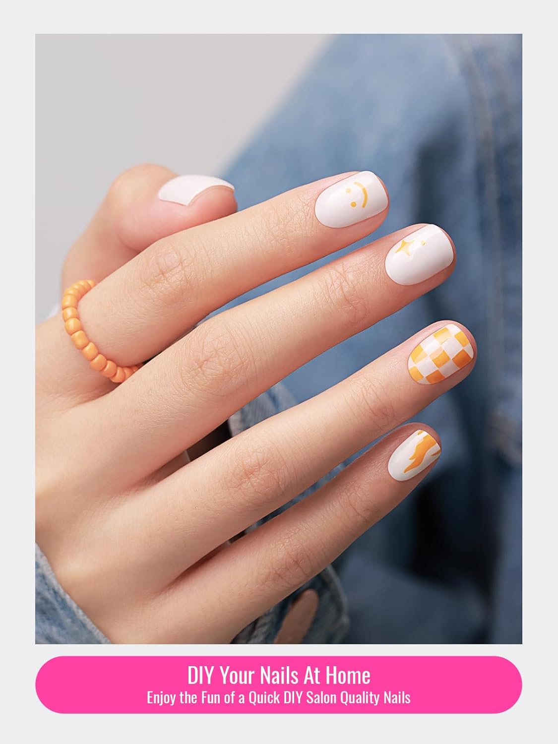 Semi Cured Gel Nail Strips, 30pcs Gel Nail Wraps, 2 Weeks Long Lasting Ice Age, Smile Bomb