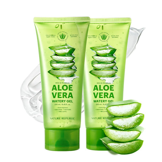 Nature Republic MILD & MOISTURE ALOE VERA WATERY GEL (TUBE 2 pack) Quick Hydration & fast absorbing non-sticky texture, aftersun cooling pack, korean skin care All Skin Types