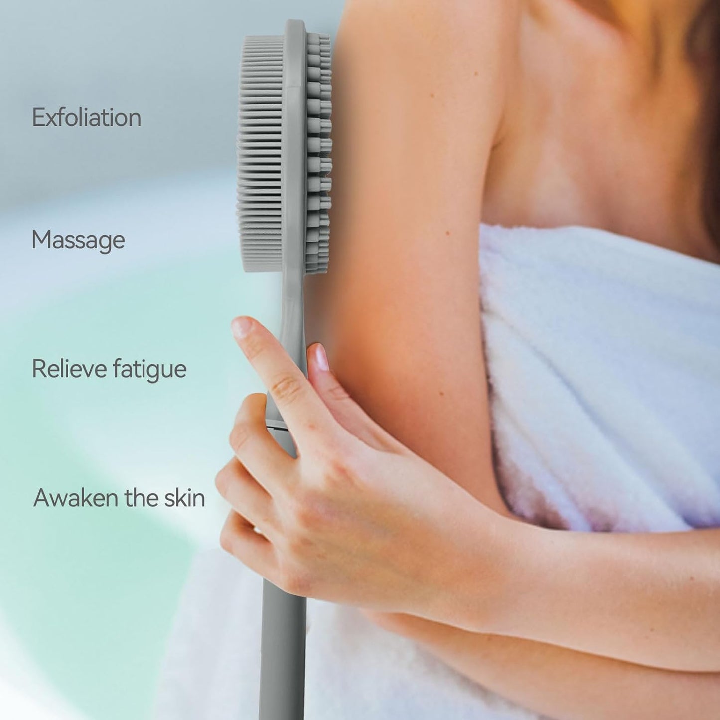 Back Scrubber for Shower, (16-24 Inch) Extendable Bath Brush Long Handle for Shower, Silicone Body Scrubber with Handle, Back Brush for Shower Men and Women,Easy to Clean (Gray)