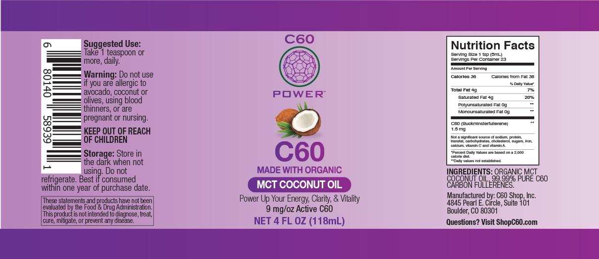 C60 Power C60 in Organic MCT Coconut Oil - Natural Wellness Support for Men & Women, 99.99% Pure Carbon Fullerenes, Promotes Energy, Mental Clarity, & Stamina - 4 fl oz Bottle