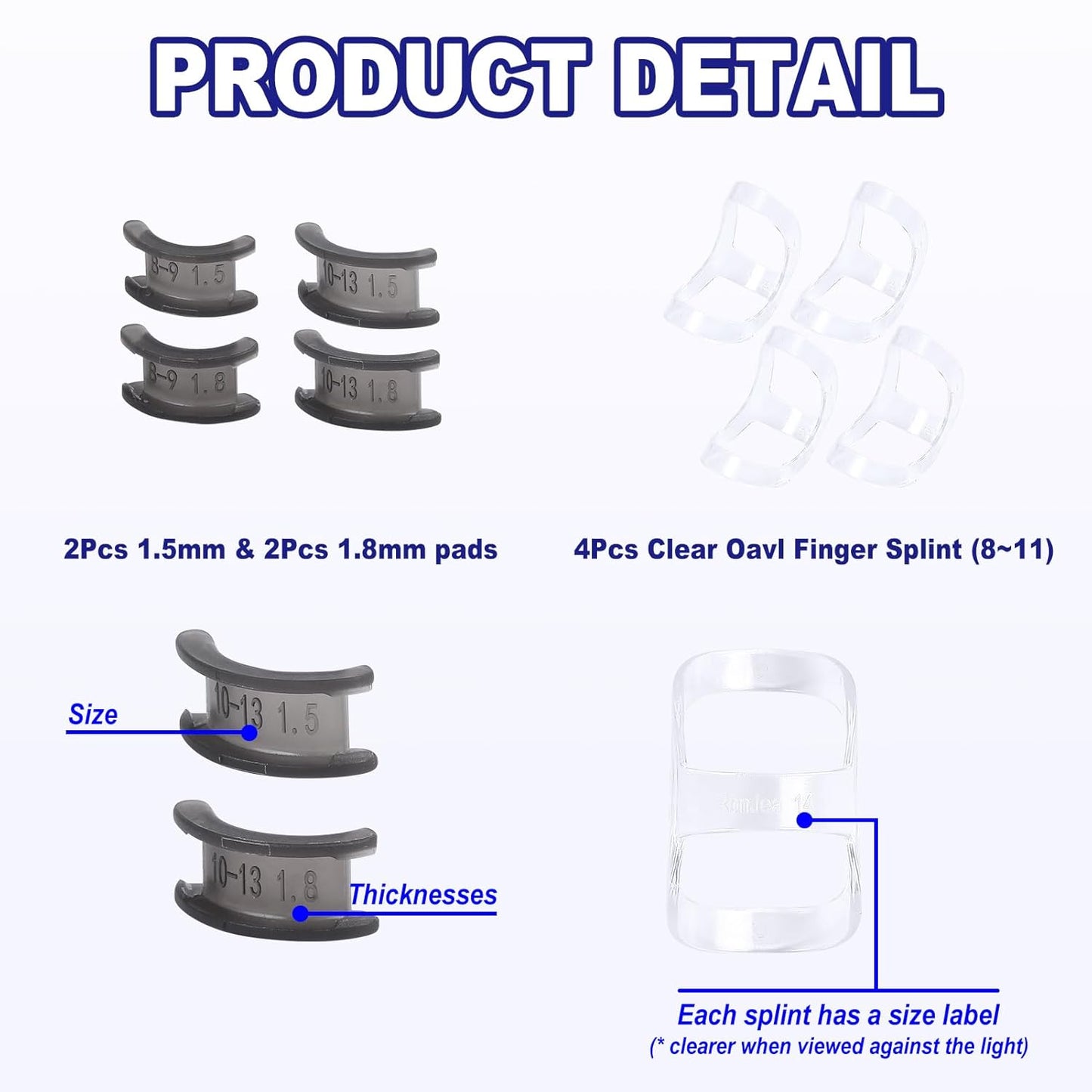 8Pcs Clear Oval Finger Splints & Click-Lock Adjustment Kit, 4 Graduated Finger Ring Splint & 4 Splint Adjustment, Finger Braces for Arthritis, Mallet, Straightening, Support (Size 8-11)
