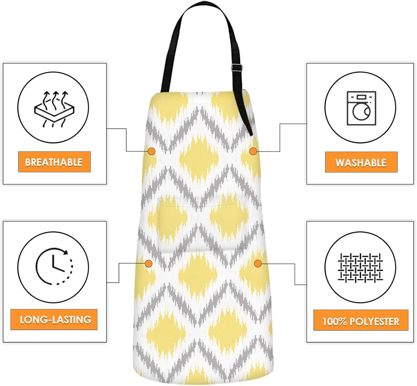 2 Pack Aprons, Dahlia Geometric Plaid Chevron Adjustable Bib Aprons with 2 Pockets for Women Men Couple Lovers Chef Home Kitchen Cooking Baking Gardening Grey Yellow Flowers Apron 32x28 Inches