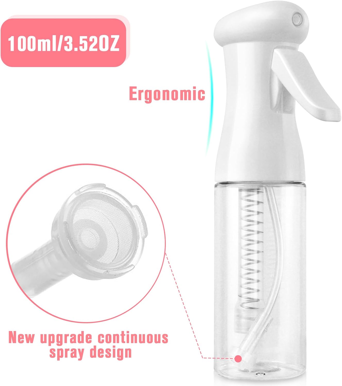 Continuous Travel Spray Bottle,Hair Small Spray Bottl e,Plants Water Spray Mist Bottle,Ultra-Fine Spray Bottle for Hair,Skincare, Plant Care, Pet Grooming, Cleaning(100 ML White)