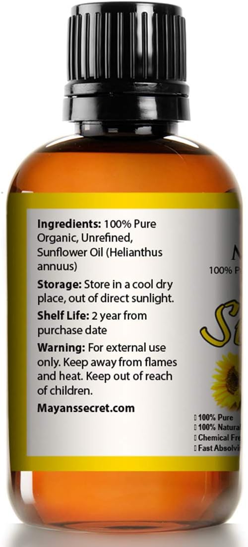 Mayan's Secret Sunflower Seed Oil - 4oz Size | All Natural Cold Pressed USDA Certified Organic - High Linoleic| Daily or Nighttime Regimen Large 4oz Amber Glass Bottle & Glass Dropper.