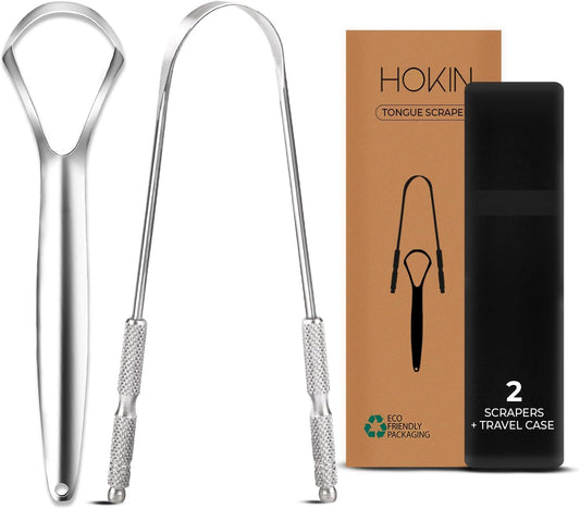 HOKIN Tongue Scraper for Adults with Travel Cases (2Pcs U & Spoon Combo Pack) - 100% Metal Tongue Cleaners, Tough Scrapers for Oral Hygiene