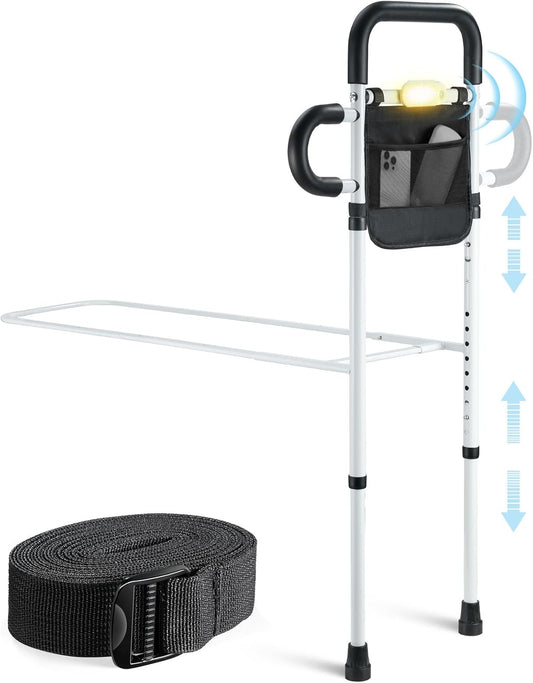 Bed Rails for Elderly Adults Safety; Adjustable Bed Rail with LED Motion Sensor Light, Bed Handle Bedside Assist for Grab Barwith Storage Pouch, Bed Side Rails-Fits Twin Full Queen King Grey