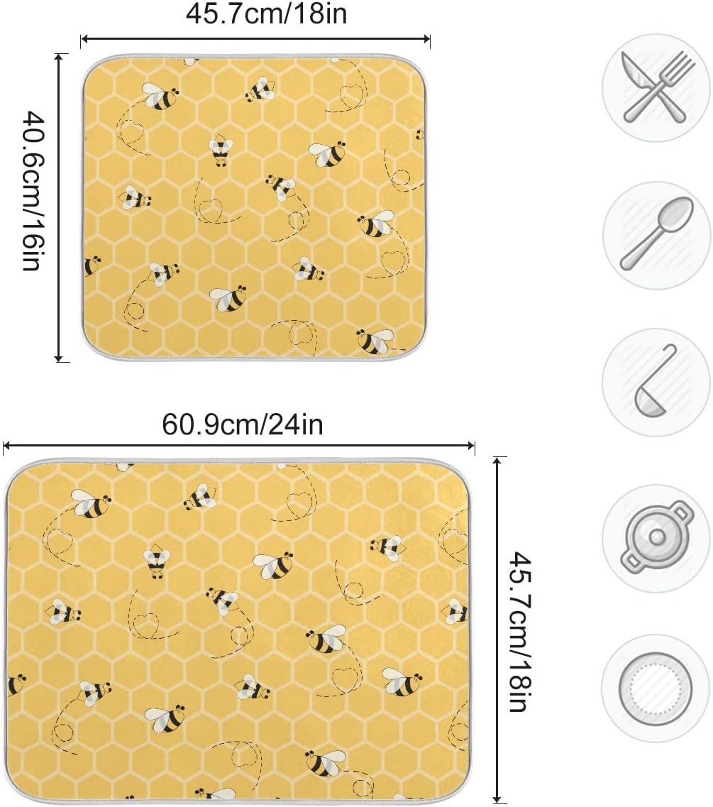 Funny Bees Honey Dish Drying Mat 18x24 for Kitchen Counter Yellow Bumblebee Beehive Dishes Pad Absorbent Fast Dry Dish Draining Mats Large Kitchen Accessories
