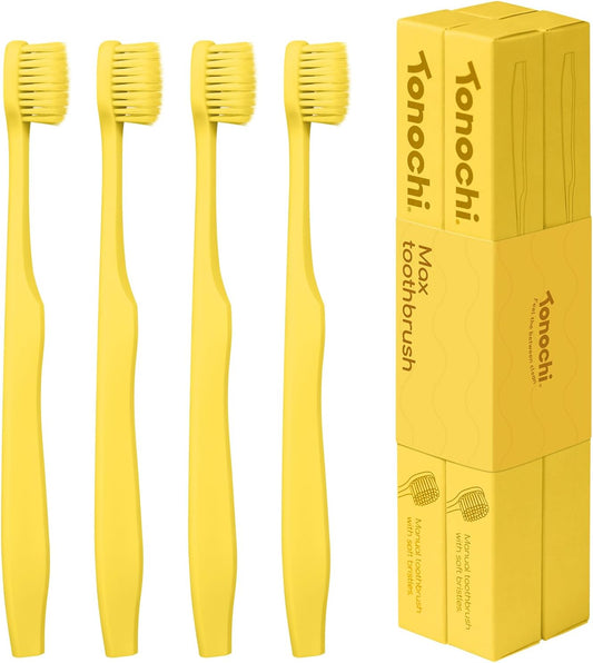 Max Extra-Soft Toothbrush for Adults Sensitive Gums – Gentle Bristles, Wide Angled Head for Back Teeth, Ergonomic Non-Slip Grip, BPA-Free Handle, Individually Wrapped, 4-Pack (Yellow)