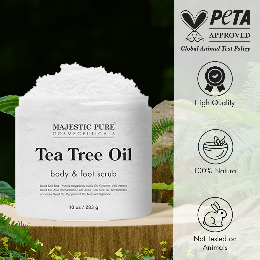 MAJESTIC PURE Tea Tree Foot & Body Scrub with Tea Tree Oil, Exfoliating Salt Scrub to Exfoliate & Moisturize Skin, Deep Cleansing - 10 oz