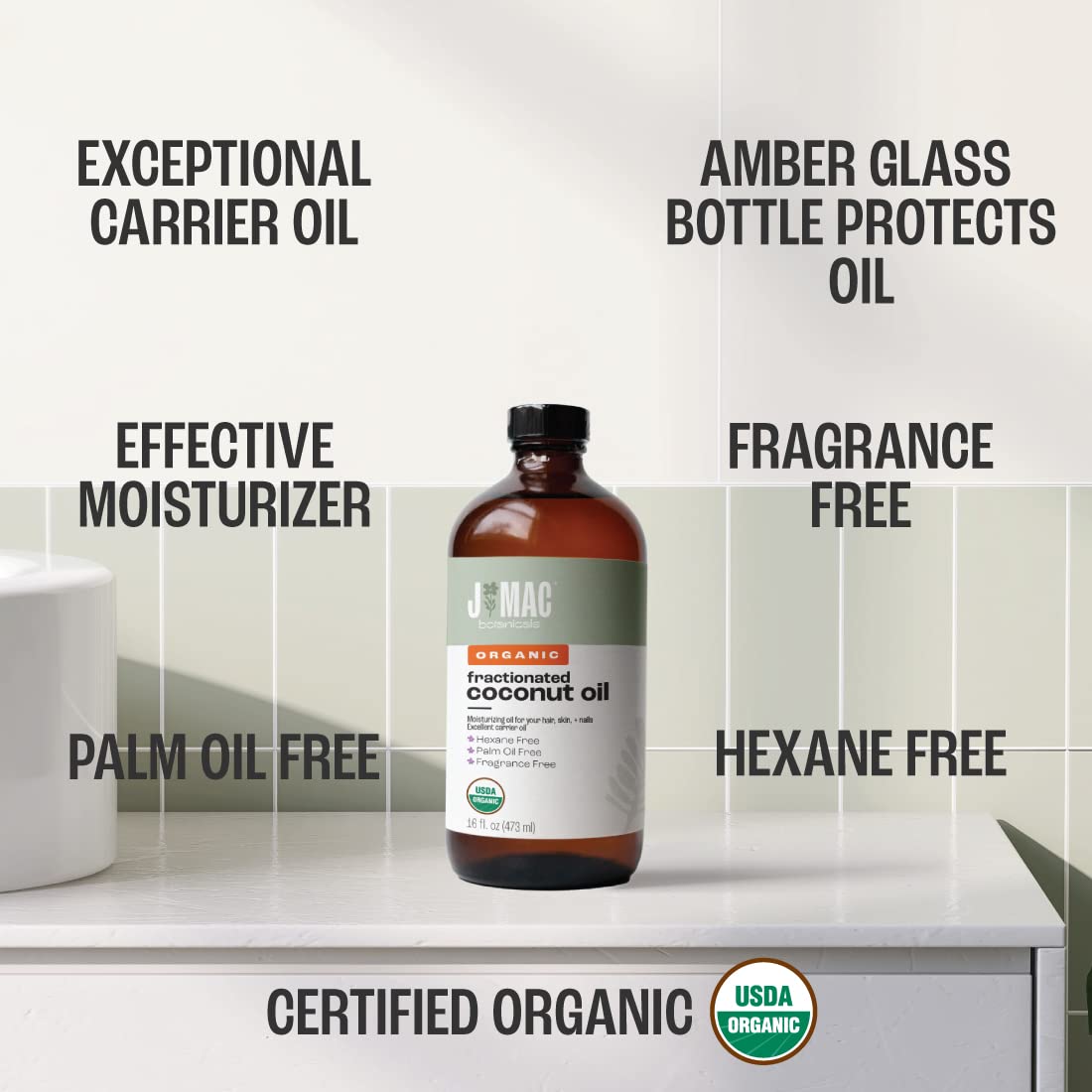 J MAC BOTANICALS Organic Fractionated Coconut Oil (16 Ounce Glass Bottle) Organic Carrier Oil and for DIluting Essential Oils, Moisturizer, Hair Care