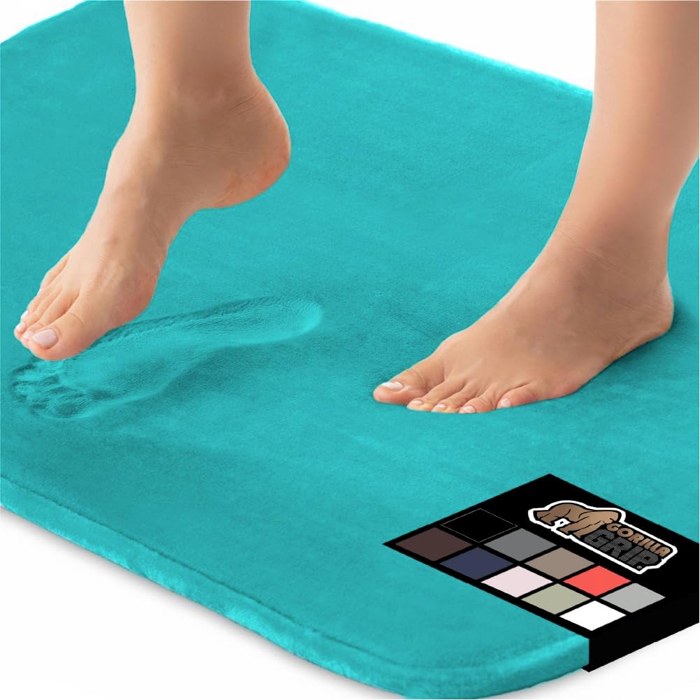 GORILLA GRIP Memory Foam Bath Rugs, Soft Absorbent Velvet Bathroom Mats, Durable Dots on Underside, Machine Washable Bathmat, Carpet Rug Room Decor for Shower Floor, 24x17 Mat, Turquoise