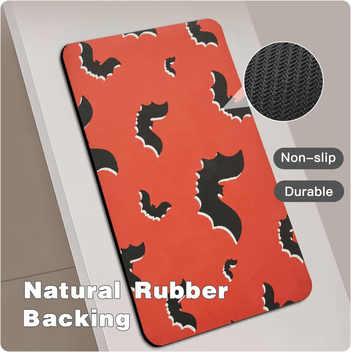 Halloween Bath Mat, Thin Halloween Bathroom Rug Non Slip Quick Dry Bat Bath Mat Fits Under Door Thin Floor Mat Halloween Decor, 24''x36'', Gothic Bats Orange