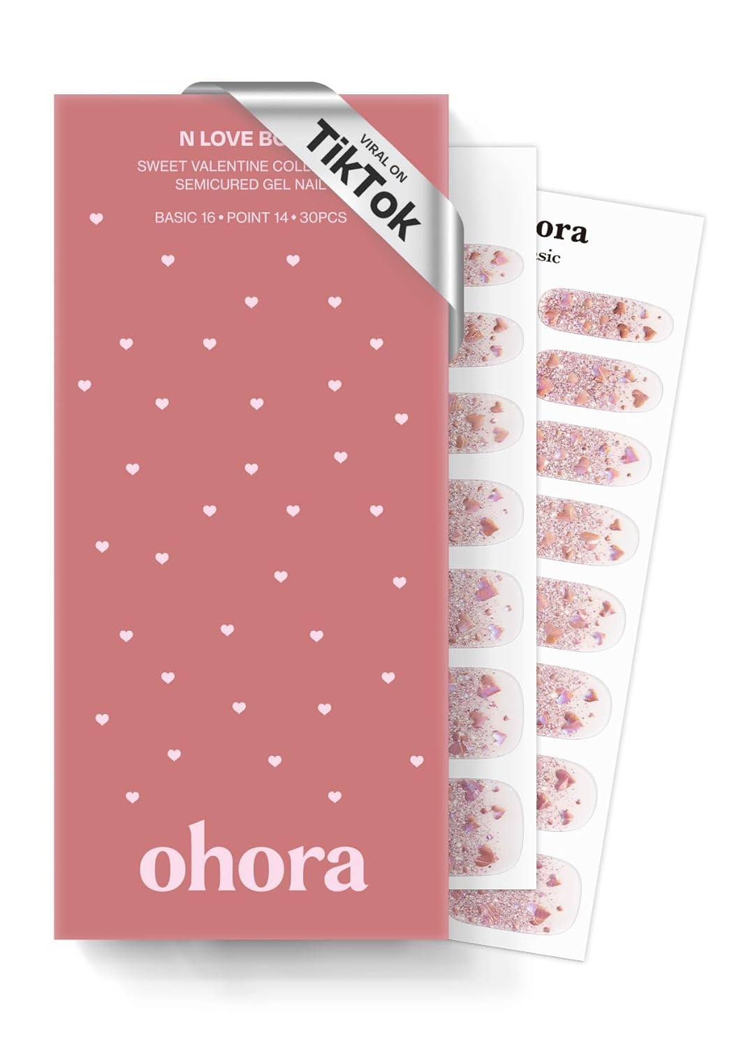 ohora Semi Cured Gel Nail Strips (N Love Bomb) - Pink, Glitter, Works with Any UV/LED Lamps, Salon-Quality, Long Lasting, Easy to Apply & Remove - Includes 2 Prep Pads, Nail File & Wooden Stick