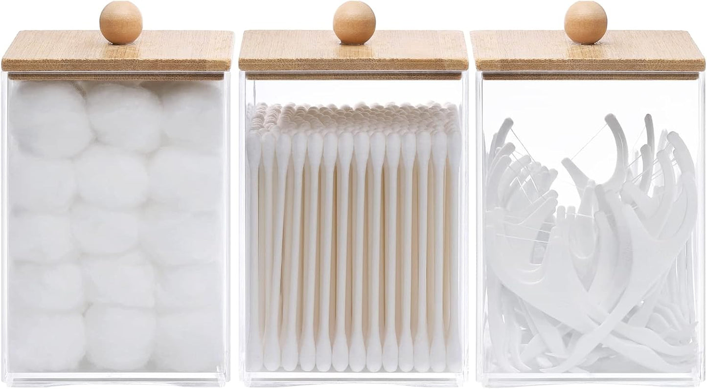 Tbestmax 3 Pack Square Qtip Holder - 12 oz Bathroom Organizers and Storage Containers, Plastic Apothecary Jars with Bamboo Lids for Cotton Ball, Cotton Swab, Floss