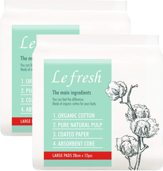Lefresh Organic Cotton Cover Pads with Wings | Large, 24 Count | Heavy Absorbency - Unscented - Vegan - Chlorine Free - Ultra Thin Pads for Women (24)