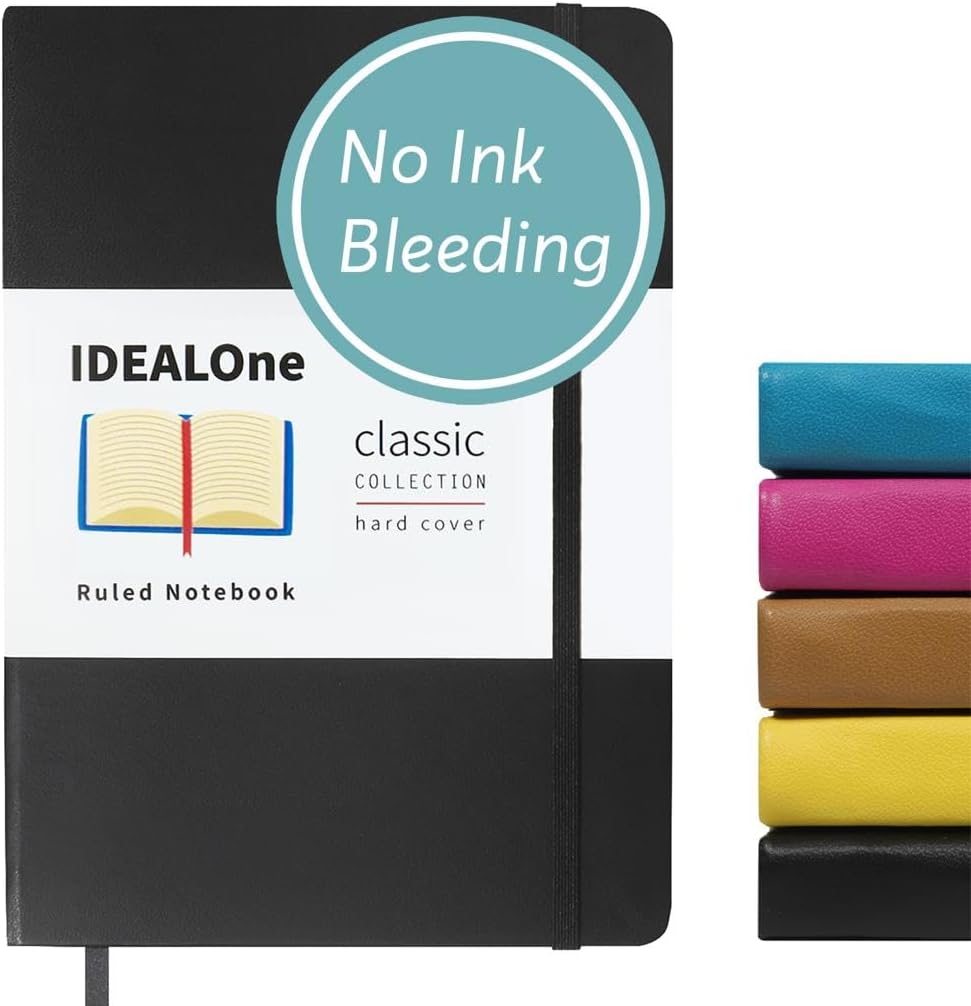 IDEALOne Hardcover Journal Lined–A5 (5.7x8) small notebook, College Ruled Journaling Notebooks,160 pages, 100GSM Thick Paper, Journal for Women, Men, Teens - Black