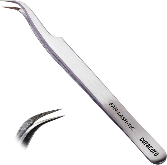 Curacoro Lash Tweezer - Professional & Precision Fiber Tip Grip Lash Tweezers for Eyelash Extensions, Multi Shapes & Purposes Tweezers for Volume, Isolation & Classic Lashes (Silver, Fan-lash-tic)