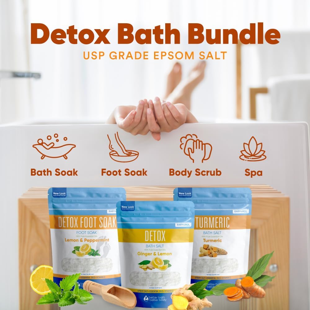 Detox Bath Bundle (3 Pack with Scoop Total 6 Lbs) Detoxifying Soaks with Detox Foot Soak and Turmeric Bath Soak Made with Epsom Salt and Pure Essential Oils Plus Vitamin C Three 2 Lbs Pouches