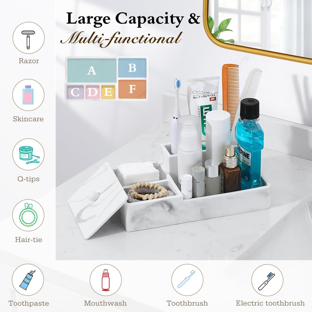 Luxspire Bathroom Counter Organizer, Marble Toothbrush Holder for Bathroom 6 Slot, Bathroom Vanity Organizer with Lid, Bathroom Organizer Countertop for Cotton Ball, Q-Tips, Floss, Gravel White