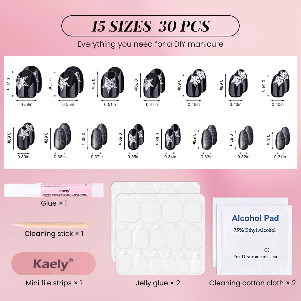Press on Nails Short Oval, Black Fake Nails Kit with 3D Sparkling Pentagram & Mixed Cat Eye Design, Natural Stick on Nails, Glossy Acrylic Short Press on Nails Thick Reusable Glue on Nail for Women