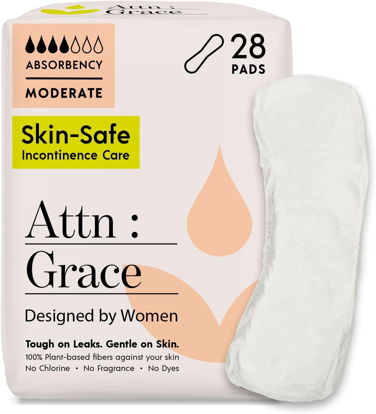 Attn: Grace Moderate Incontinence Pads for Women, 28-Pack - High Absorbency, Breathable, Plant-Based - Incontinence Pads for Moderate Bladder Leaks & Sensitive Skin