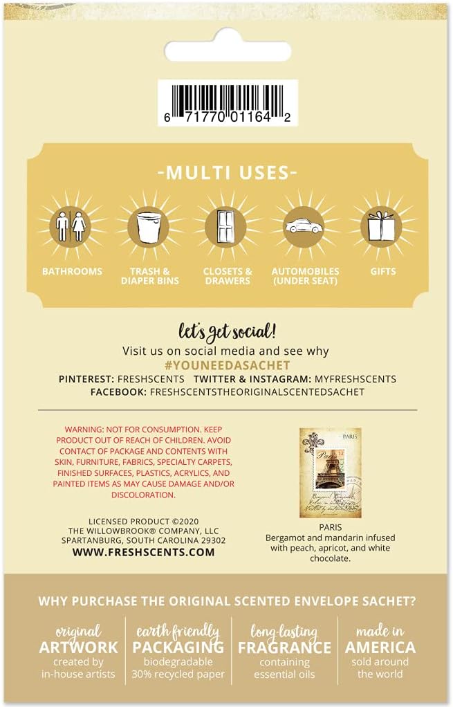 WILLOWBROOK | Fresh Scents Scented Sachet Packet | Paris | Air Freshener Bags for Drawers, Closets, Cars | 6 Pack | Long Lasting Home Fragrance