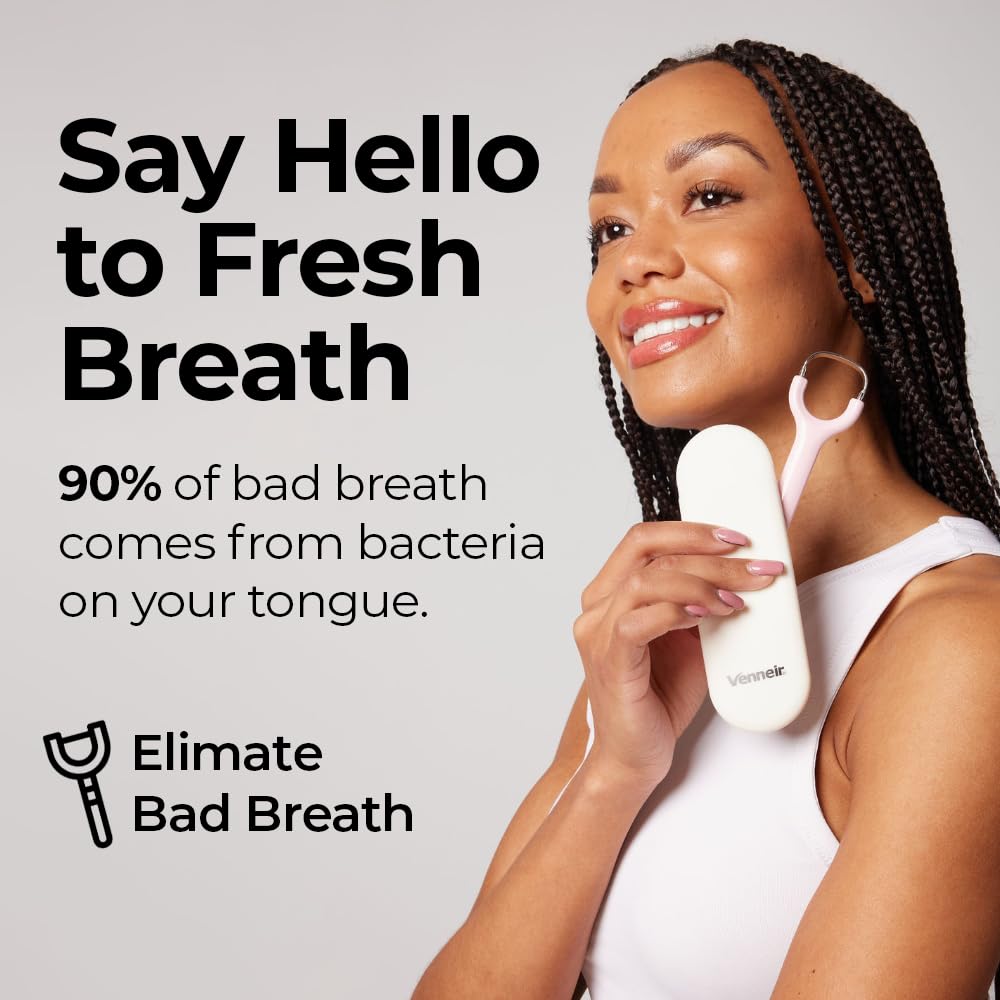 Venneir® Tongue Scraper with Travel Case, Oral Glide Pro–Bad Breath Treatment, Medical-Grade Stainless Steel– for Adults & Kids. 100% Rustproof, Sleek & Effective Design (Slate White)