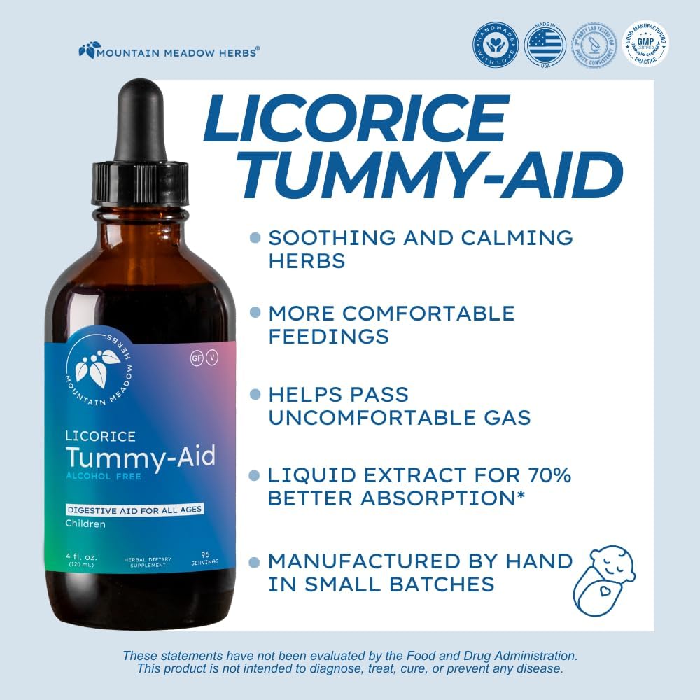 Mountain Meadow Herbs Licorice Tummy-Aid for Babies & Kids – Gas Relief Drops for Colic, Upset Stomach, Reflux & Bloating – Natural, Alcohol-Free Liquid Formula – 4 oz