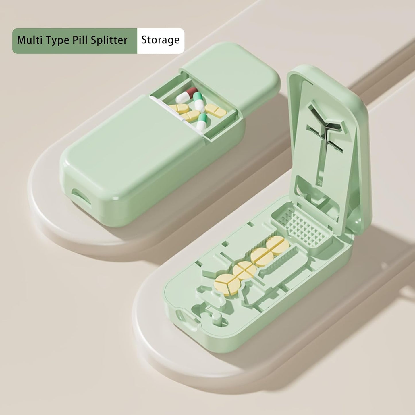 Precision Pill Cutter with Centering Guide - Multi-Angle Tablet Splitter for 1/2, 1/3 & 1/4 Cuts, Includes Pill Crusher & Storage Compartment (Green)