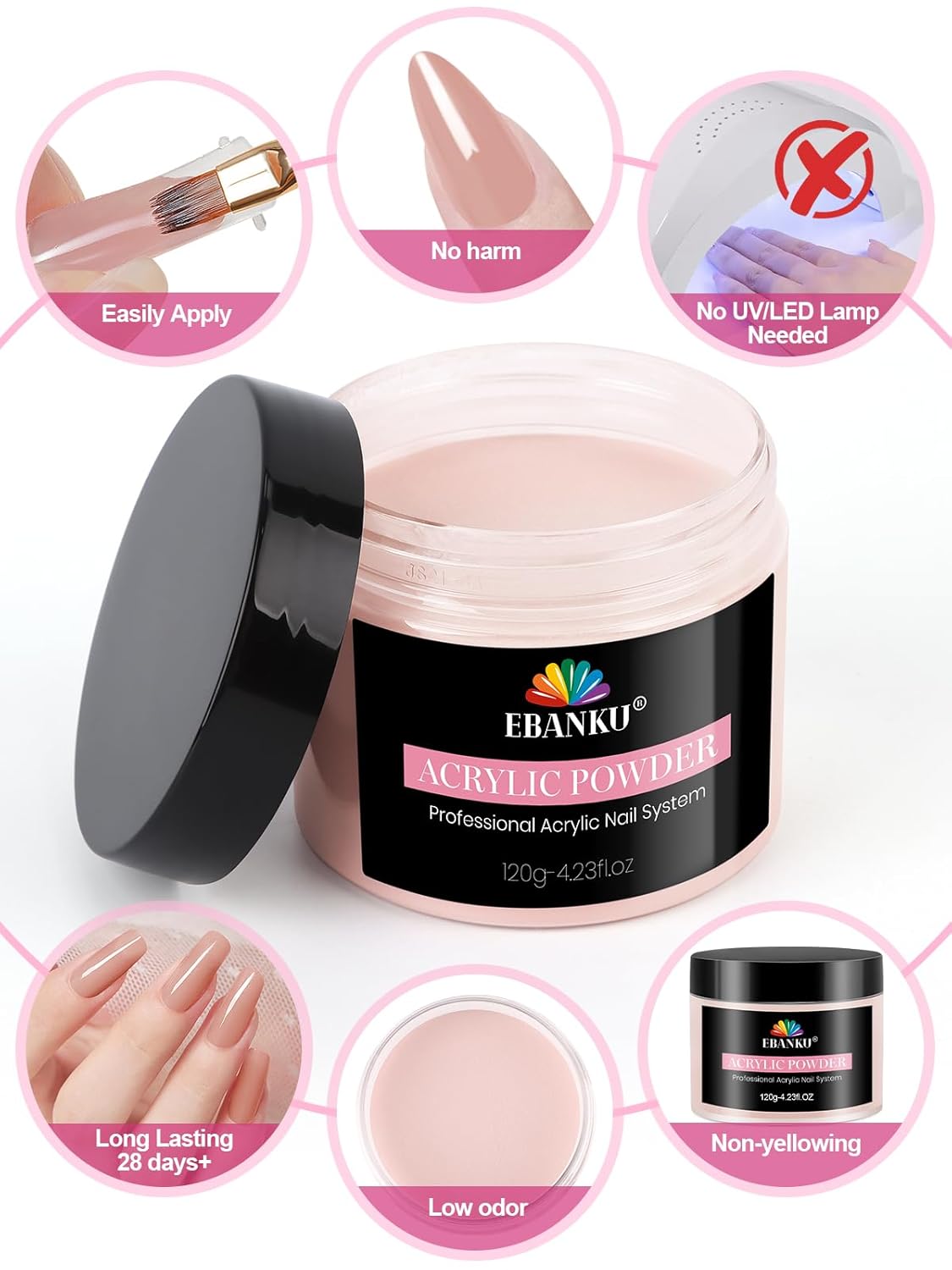 EBANKU Rosy Colors Acrylic Powder, 120g/4.23oz Acrylic Nail Powder Large Capacity Professional Nail Powder for Nail Acrylic Extension, Nail Carving, Long-Lasting, No Nail Lamp Needed