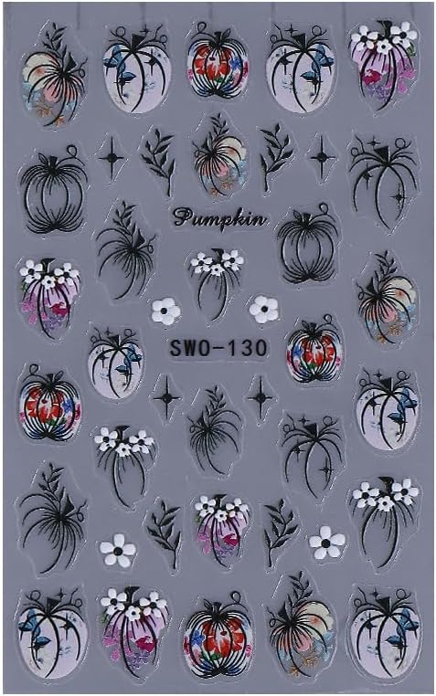 Halloween Nails Stickers Black Pumpkins Nails Sticker 3D Embossed White Flower Self Adhesive Sticker Nail Decals Black Bunch Nail Art Decals Halloween Decals for Nail DIY Manicure 2Sheet