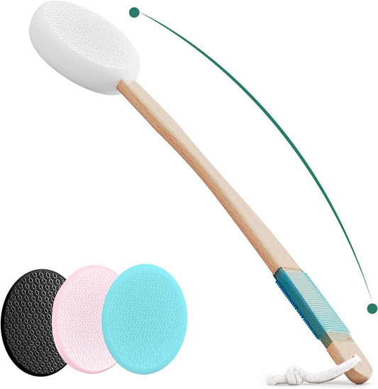 Back Lotion Applicator with 4 Replaceable Pads, Lotion Applicator for Back Self Elderly, Women, Cream Medicine Applicator with 17" Curved Handle Easy to Target Back and Feet, Colorful