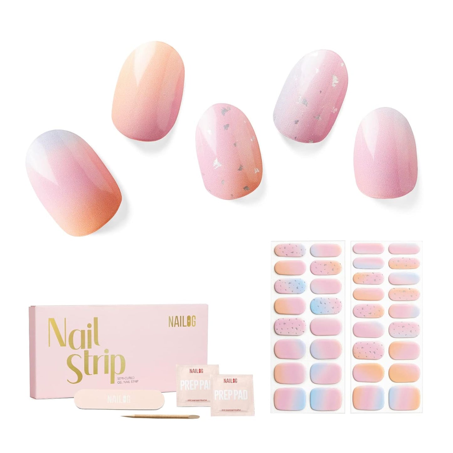 Nailog Semi Cured Gel Nail Strips 34 pcs | Long Lasting Nail Polish Sticker Wraps with Glossy Gel Finish | Daydream