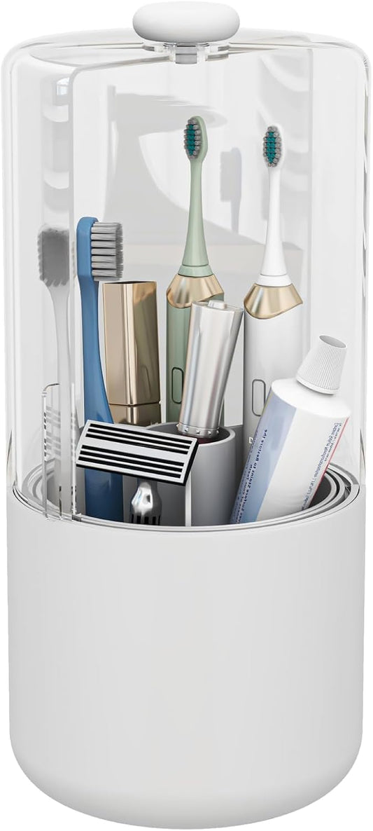 Toothbrush Holder with Cover 360 Rotating 4 Compartments Bathroom Toothpaste Electric Toothbrush Organizer, White