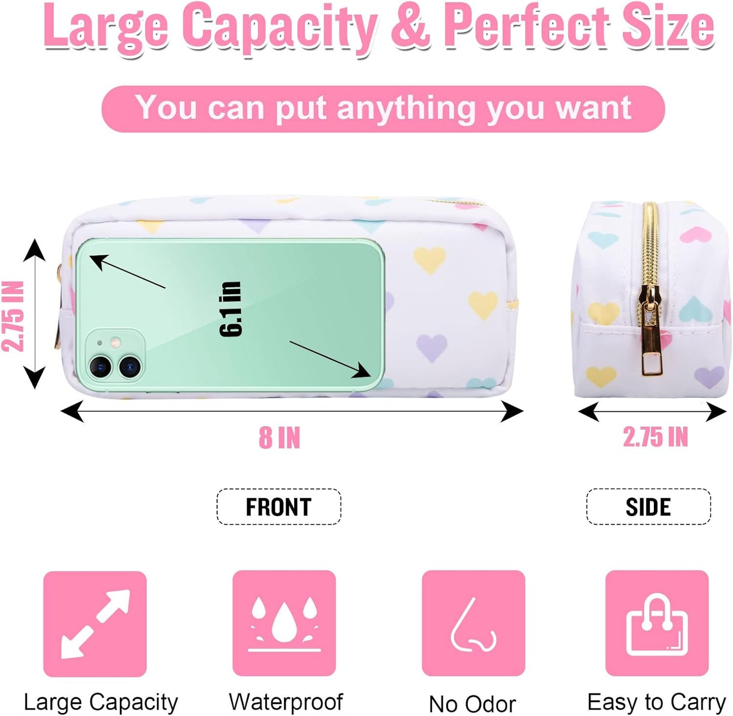 Nylon Small Makeup Bag, Slim Pink Makeup Brush Case, Preppy Cosmetic Zipper Pouch for Purse, Travel Toiletry Bag Clutch Coin Pouch Makeup Organizer for Women Girls (White Heart)