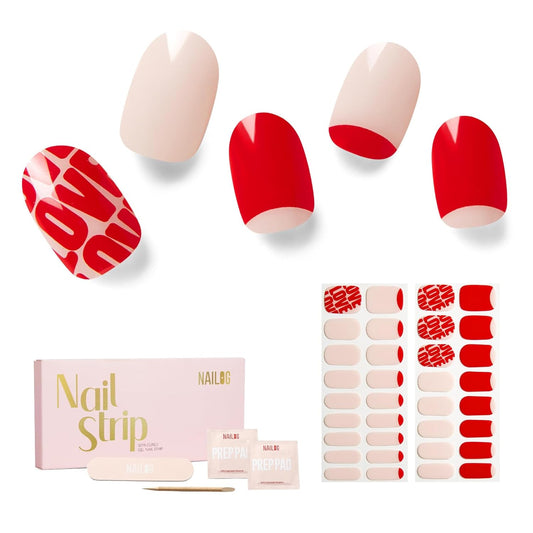 NAILOG Semi Cured Gel Nail Strips for Valentine's Day - 34 pcs | Buy 2 Get 1 UV Lamp | Long Lasting Nail Polish Sticker Wraps with Glossy Gel Finish, City of Love
