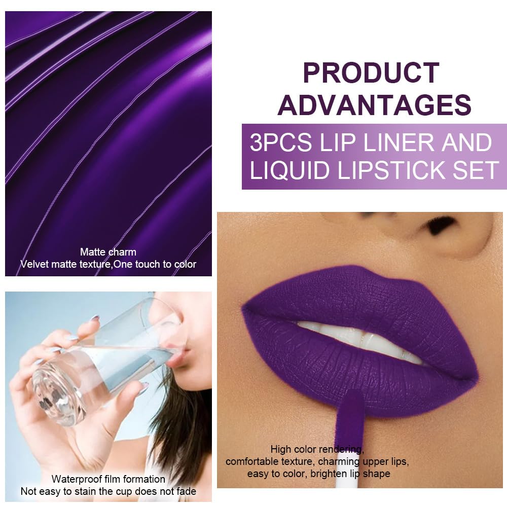 evpct 3Pcs Lavender Dark Violet Purple Matte Lip Liner & Liquid Lipstick Stain Makeup Set for Women, Lip Liner Stain Long Lasting Waterproof Smudge Proof, Cruelty Free Lip Makeup 24 hours originales