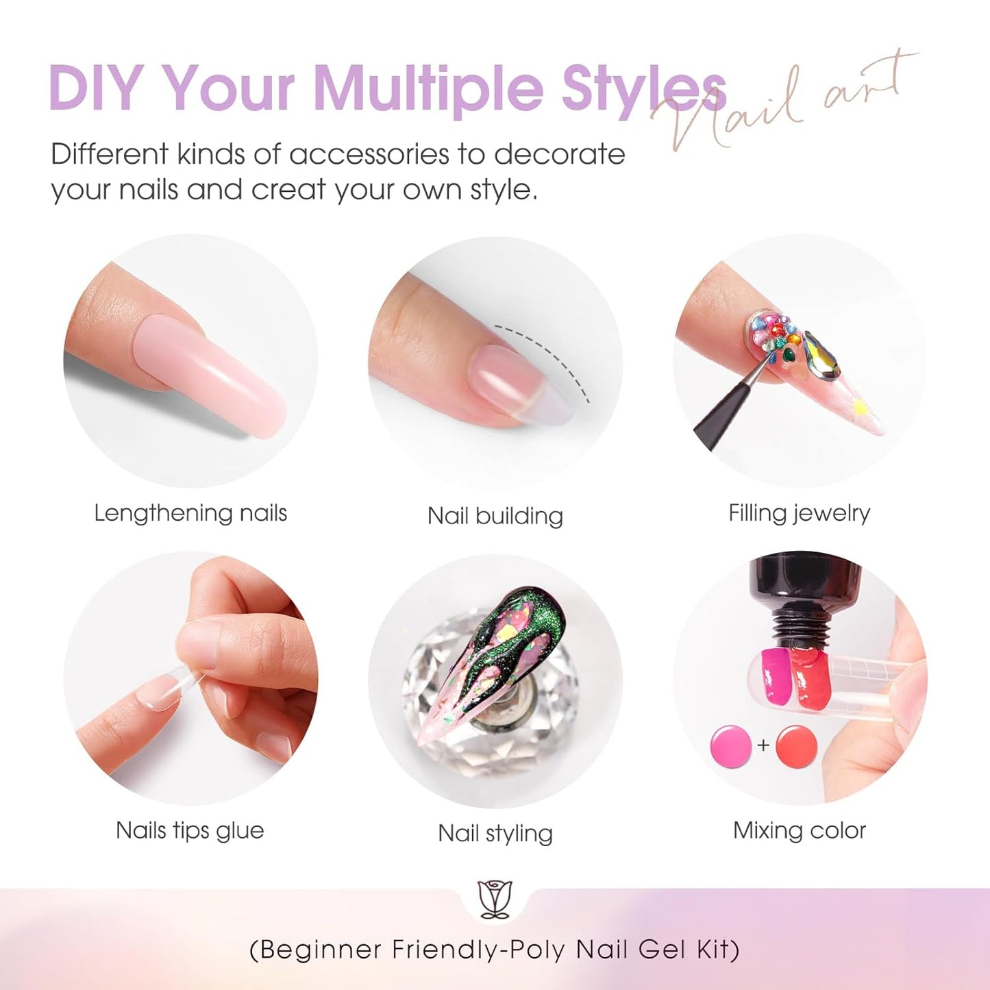 ROSALIND Poly Nail Gel Kit -38 Classic Colors +72 Nail Art Accessories kit Clear Nude Poly Nails Gel Kit Starter Kit with Mini UV Lamp Slip Solution Basic Tools for Beginners with Everything